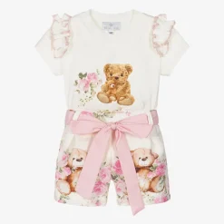 Beau KiD Outfit Sets*Girls Ivory Cotton Teddy Bear Shorts Set