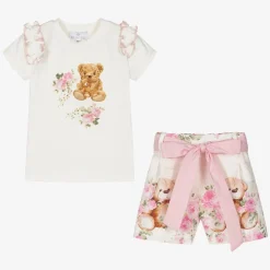 Beau KiD Outfit Sets*Girls Ivory Cotton Teddy Bear Shorts Set