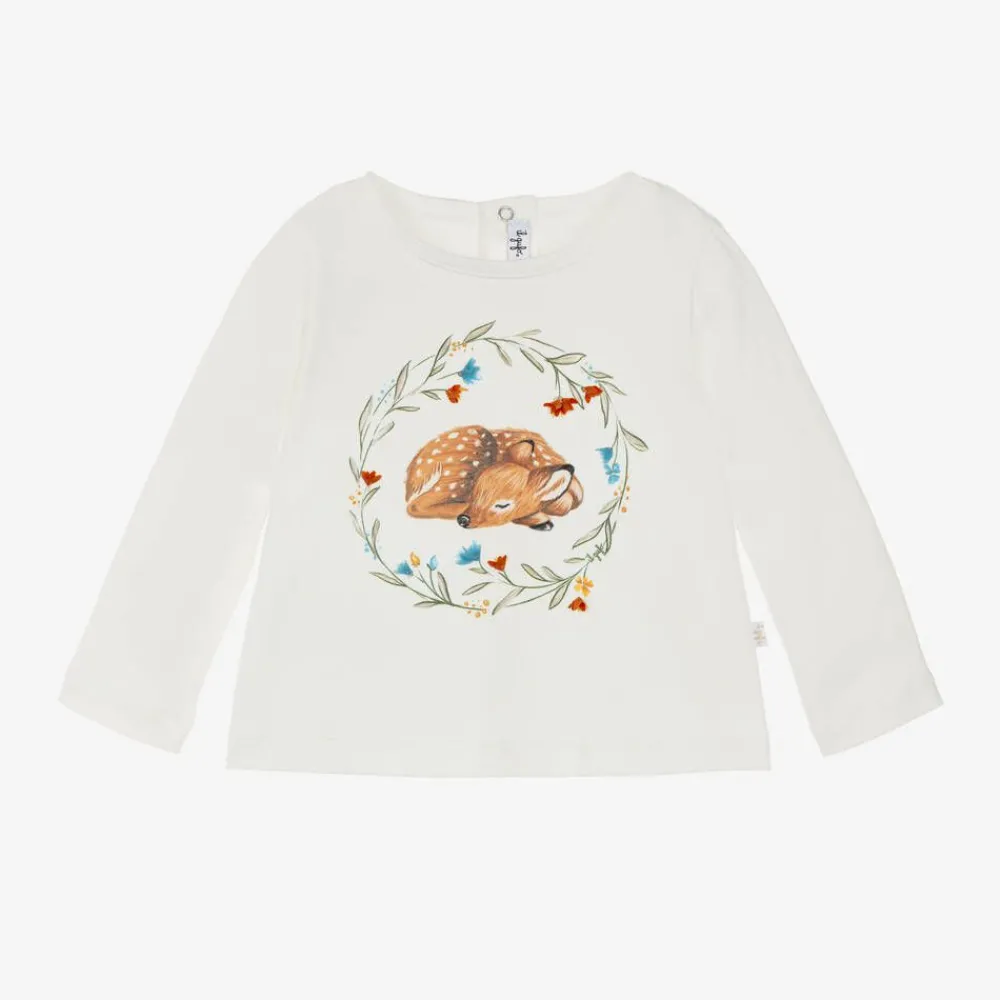 Il Gufo Tops*Girls Ivory Deer Cotton Top