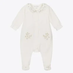 Tartine et Chocolat Babysuits*Girls Ivory Embroidered Velour Babygrow