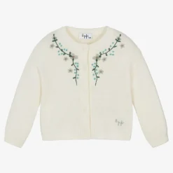 Il Gufo Tops*Girls Ivory Embroidered Wool Knit Cardigan