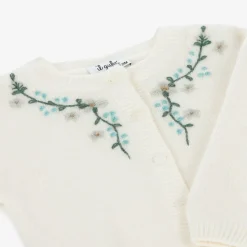 Il Gufo Tops*Girls Ivory Embroidered Wool Knit Cardigan
