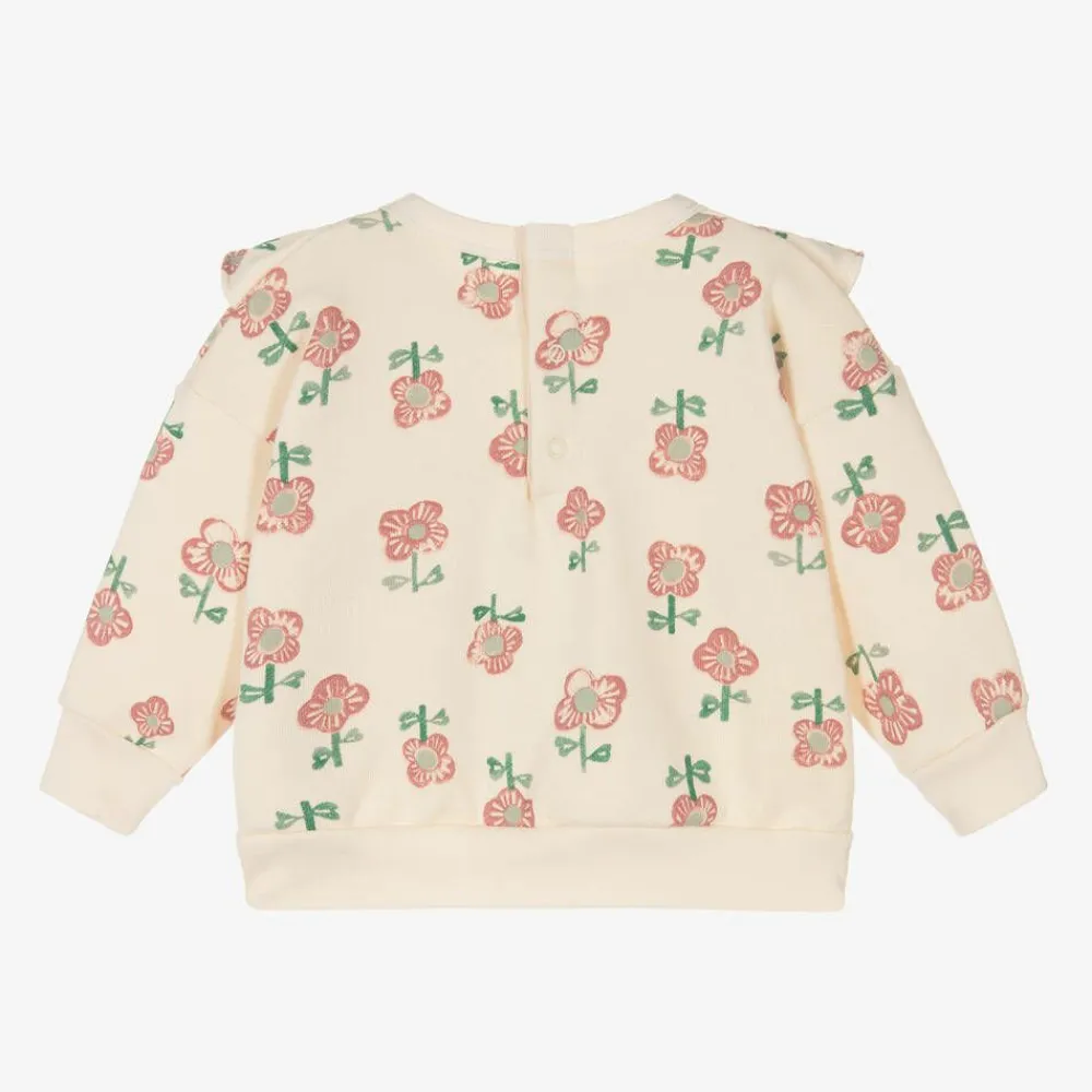 Petit Bateau Tops*Girls Ivory Floral Print Cotton Sweatshirt