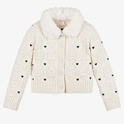 Boboli Tops*Girls Ivory Heart Cardigan