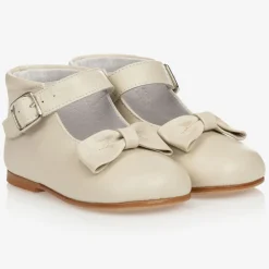 Childrens Classics Bar Shoes|Bar Shoes*Girls Ivory Leather Bow Shoes
