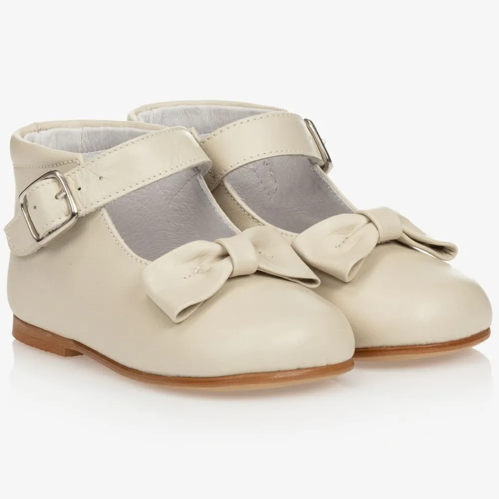 Childrens Classics Bar Shoes|Bar Shoes*Girls Ivory Leather Bow Shoes