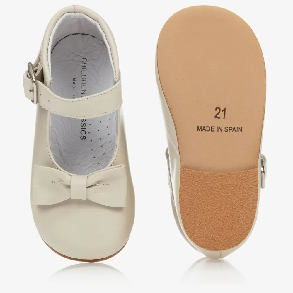 Childrens Classics Bar Shoes|Bar Shoes*Girls Ivory Leather Bow Shoes