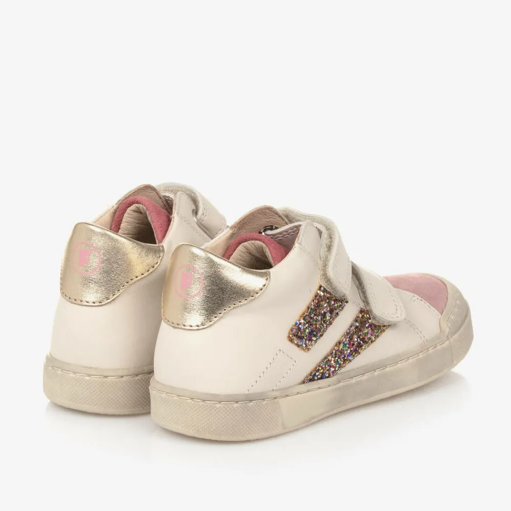 Falcotto by Naturino Trainers*Girls Ivory Leather Glitter Stripe Trainers
