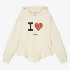 MSGM Tops*Girls Ivory Rhinestone Heart Hoodie