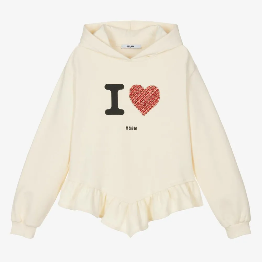 MSGM Tops*Girls Ivory Rhinestone Heart Hoodie