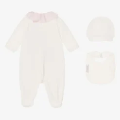 Monnalisa Gifts|Babysuits*Girls Ivory Velour & Jersey Babysuit Set