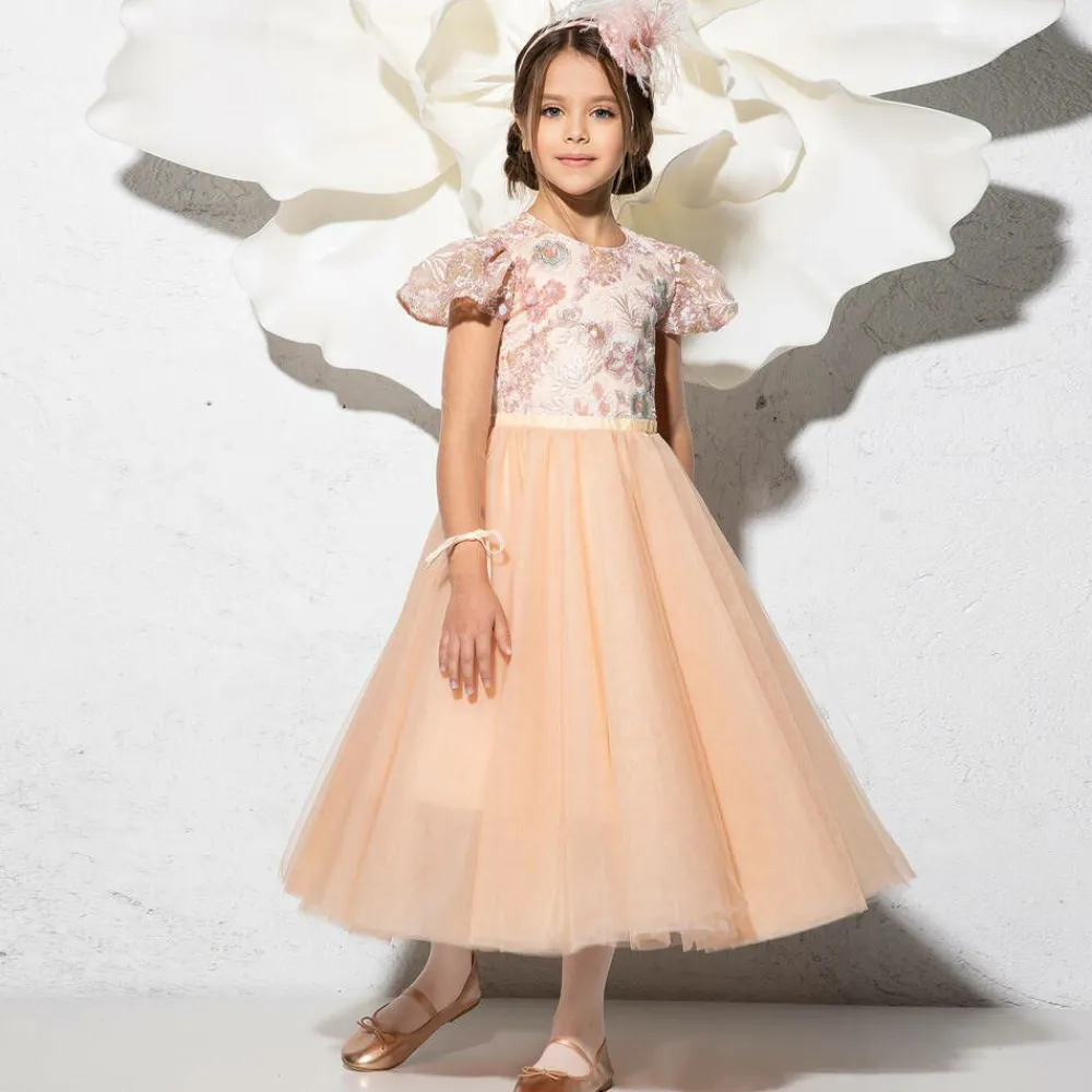 EIRENE Dresses*Girls Long Pink Sequinned Tulle Dress