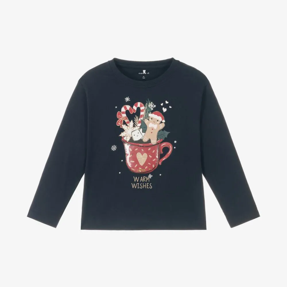 NAME IT Tops*Girls Navy Blue Cotton Festive Top