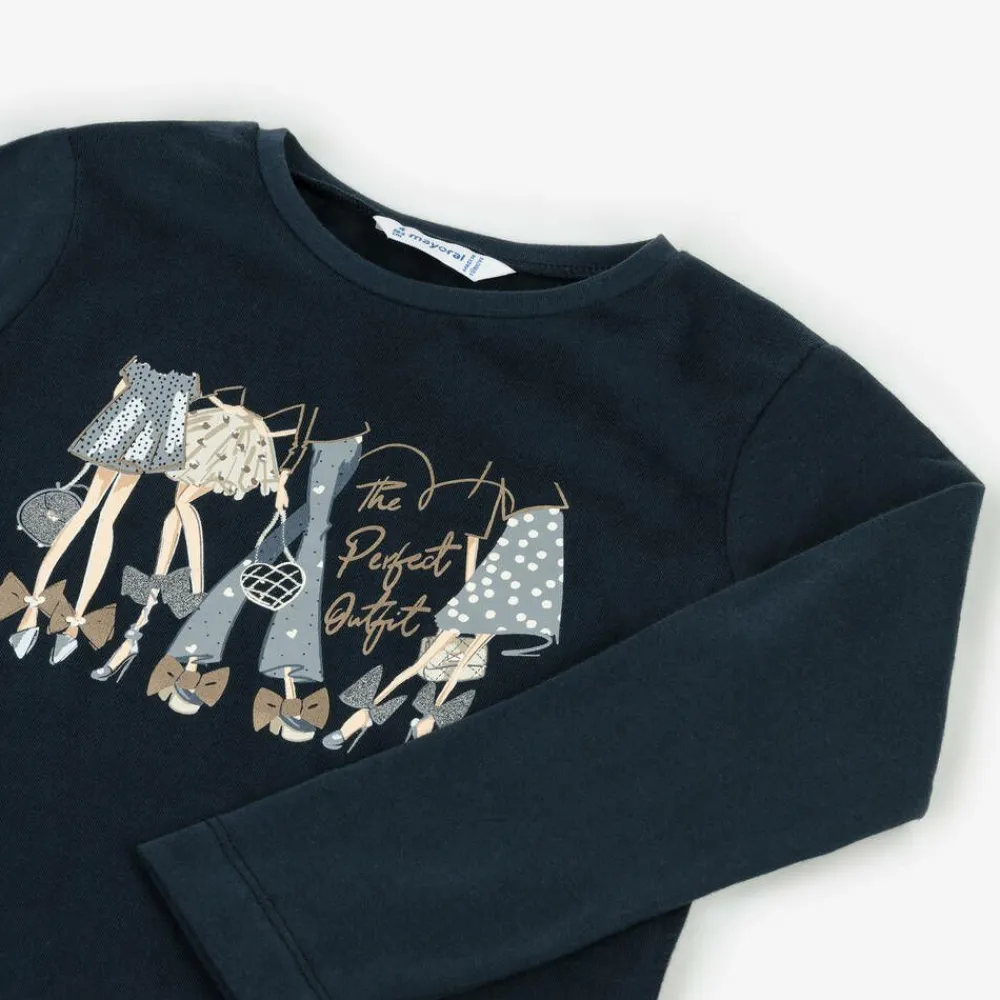 Mayoral Tops*Girls Navy Blue Cotton Outfit Print Top