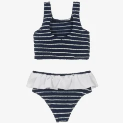 Hunza G Swimwear*Girls Navy Blue Crinkle Frill Bikini Navy/White