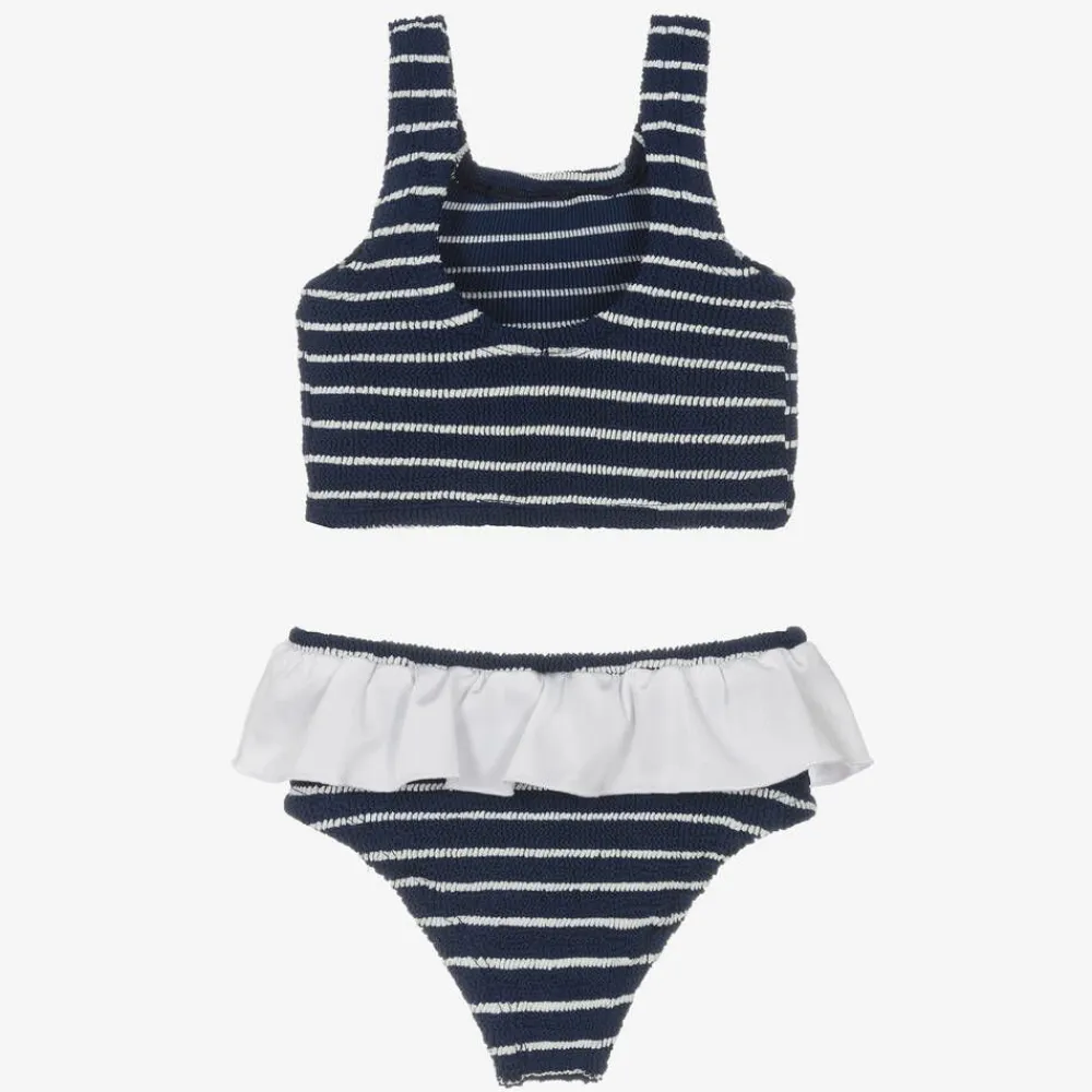 Hunza G Swimwear*Girls Navy Blue Crinkle Frill Bikini Navy/White