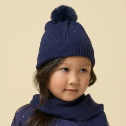 iDO Baby Hats*Girls Navy Blue Diamanté Cotton Knit Hat