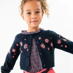 Boboli Tops*Girls Navy Blue Floral Knitted Cardigan