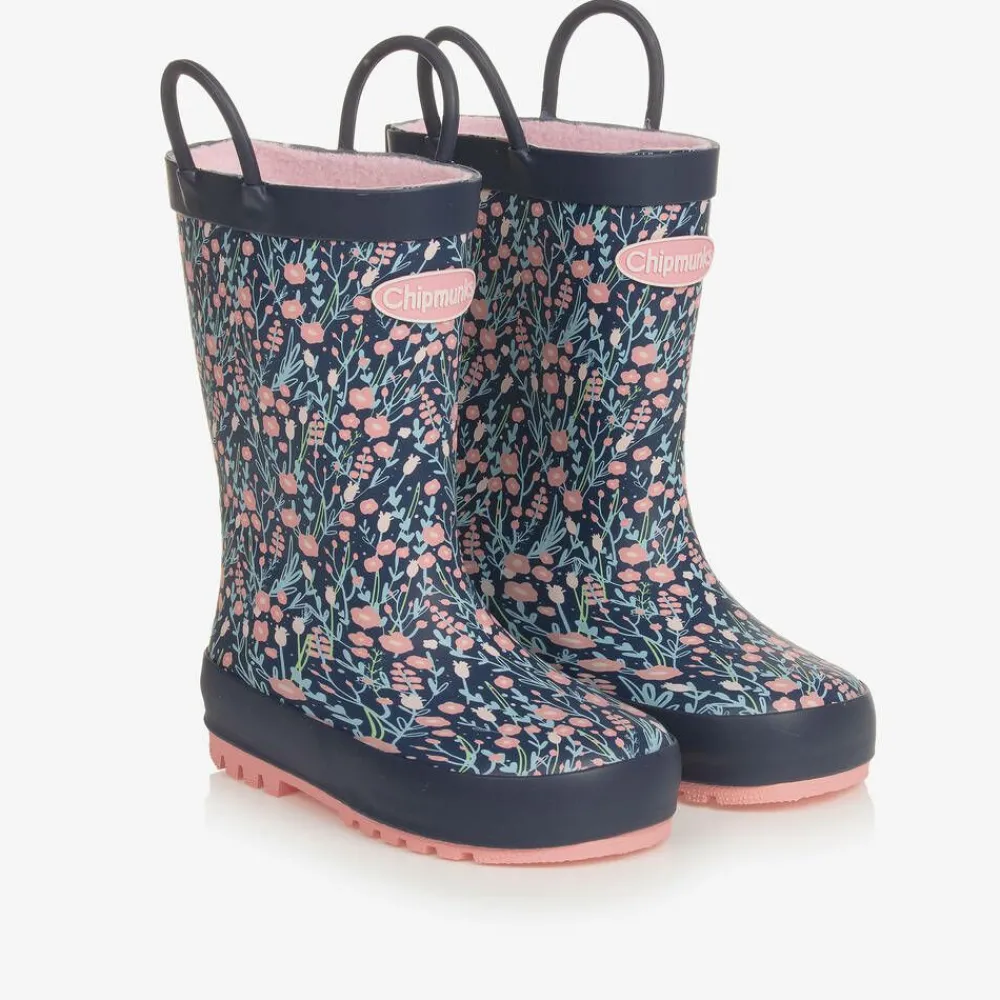 Chipmunks Rain Boots|Rain Boots*Girls Navy Blue Floral Rain Boots