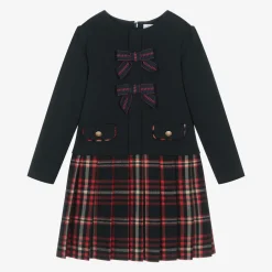 Patachou Dresses*Girls Navy Blue Jersey & Tartan Flannel Dress