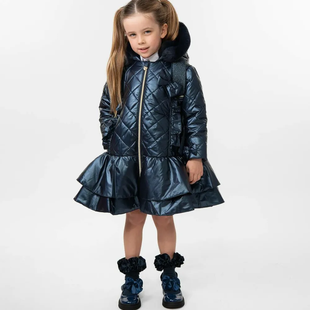 Caramelo Kids Coats & Jackets*Girls Navy Blue Quilted Hooded Coat