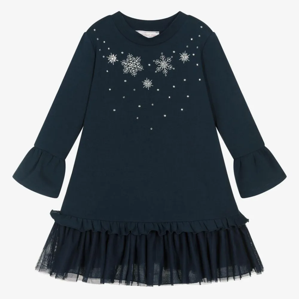 Monnalisa Dresses*Girls Navy Blue Snowflake Cotton Dress
