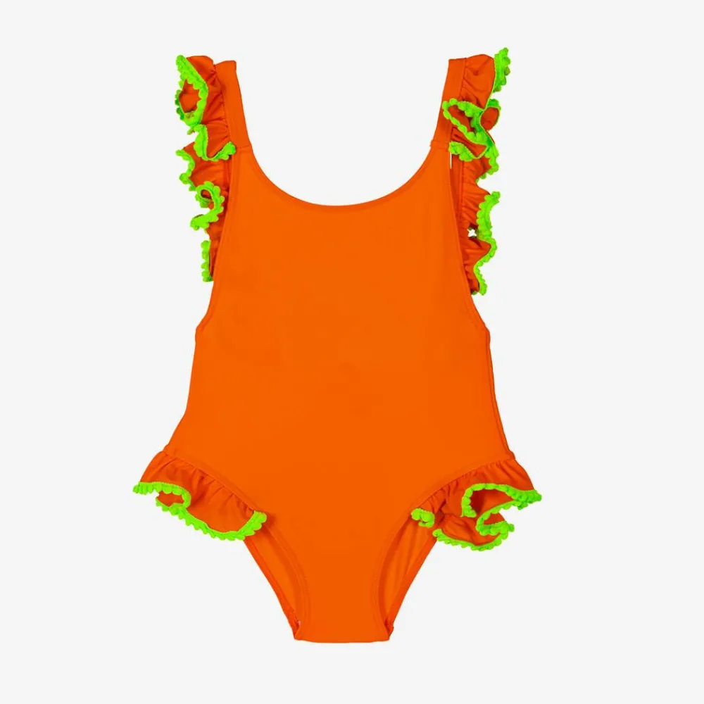 Selini Action Swimwear*Girls Orange Ruffle & Green Pom-Pom Swimsuit