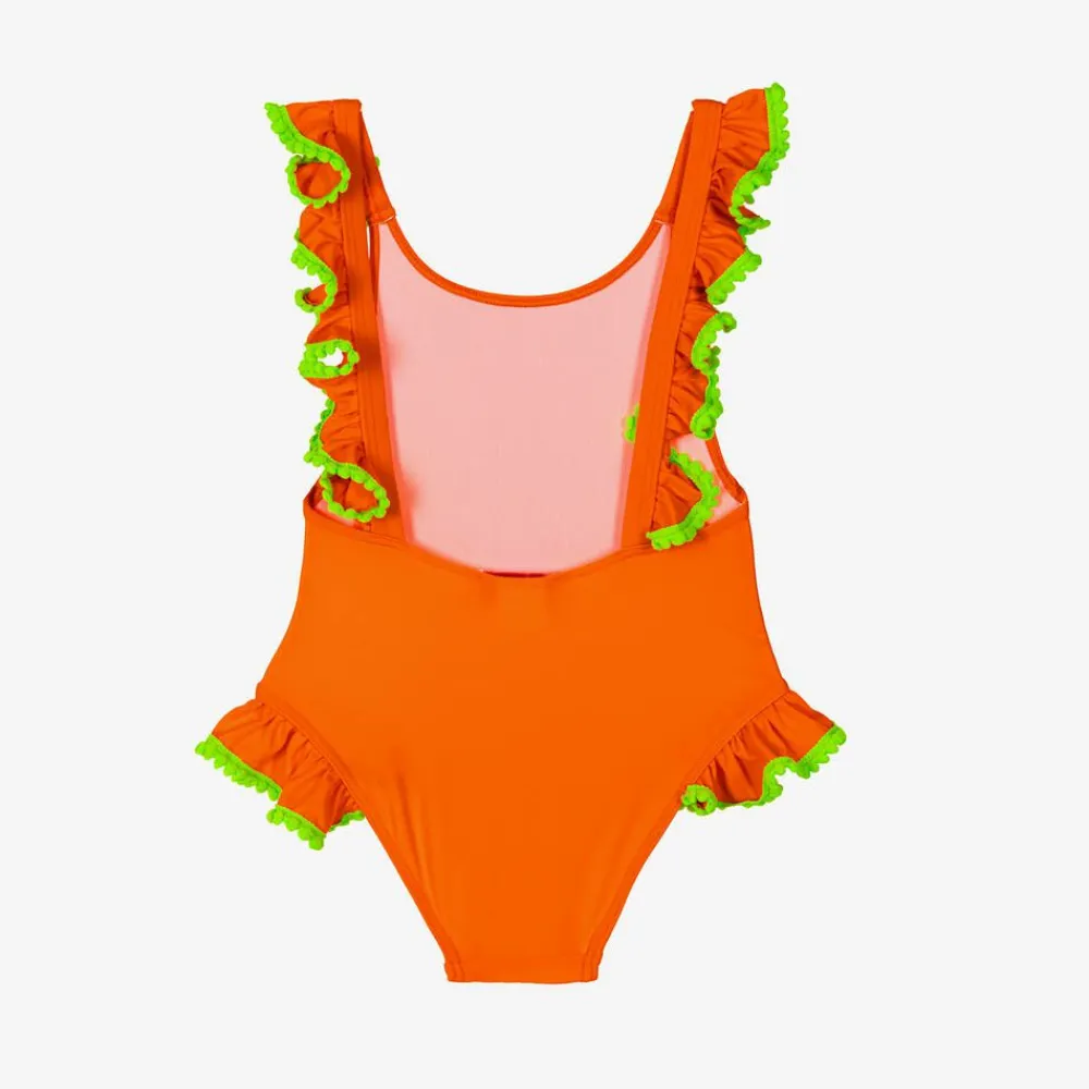 Selini Action Swimwear*Girls Orange Ruffle & Green Pom-Pom Swimsuit