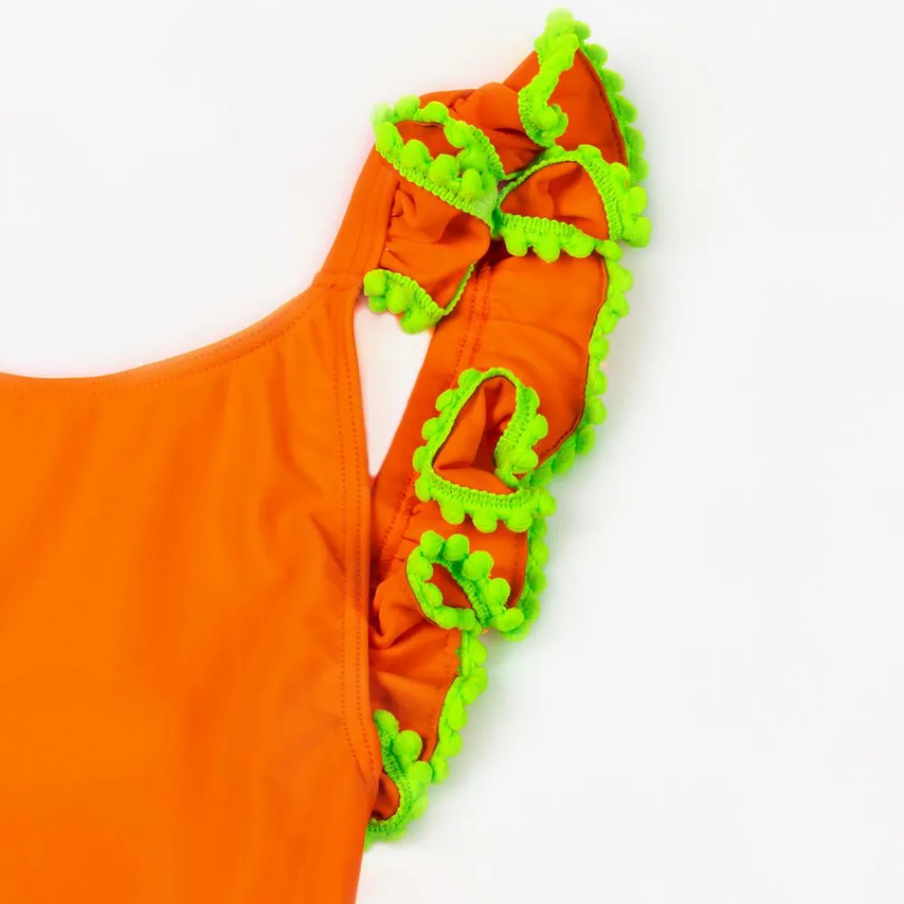 Selini Action Swimwear*Girls Orange Ruffle & Green Pom-Pom Swimsuit