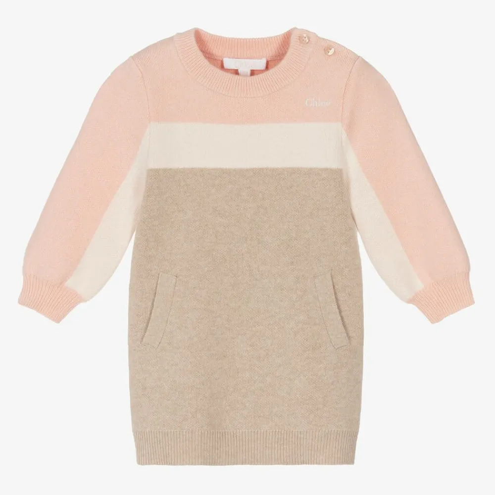 Chloé Dresses*Girls Pink & Beige Cotton Sweater Dress