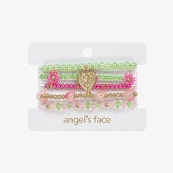 Angels Face Jewellery*Girls Pink & Green Bead Bracelets (5 Pack)
