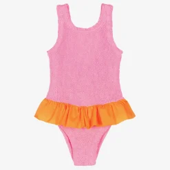 Hunza G Swimwear*Girls Pink & Orange Crinkle Frill Swimsuit