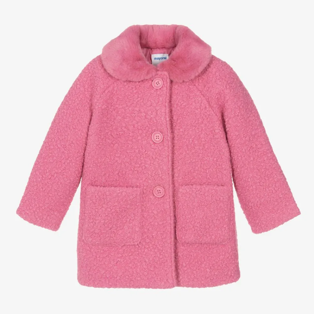 Mayoral Coats & Jackets*Girls Pink Bouclé & Faux Fur Collar Coat