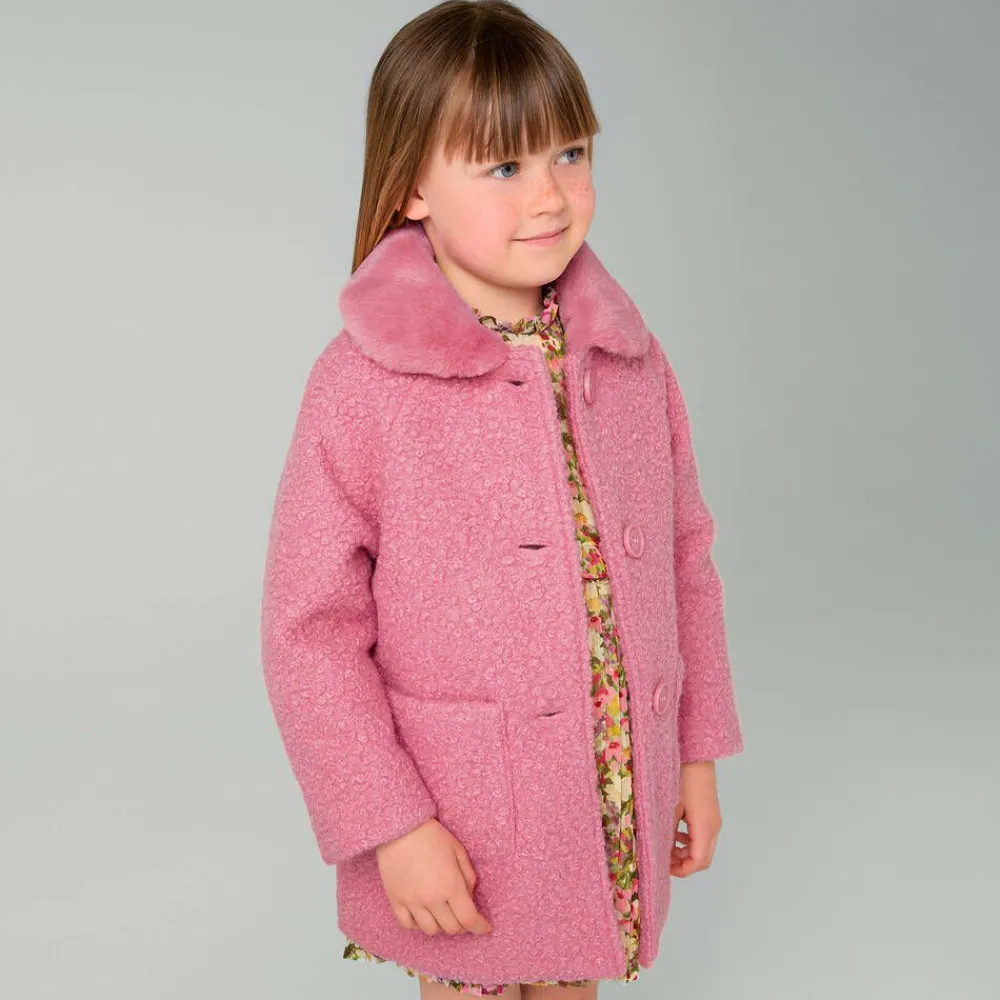 Mayoral Coats & Jackets*Girls Pink Bouclé & Faux Fur Collar Coat