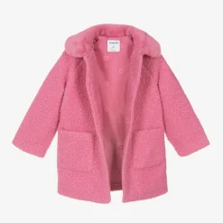 Mayoral Coats & Jackets*Girls Pink Bouclé & Faux Fur Collar Coat