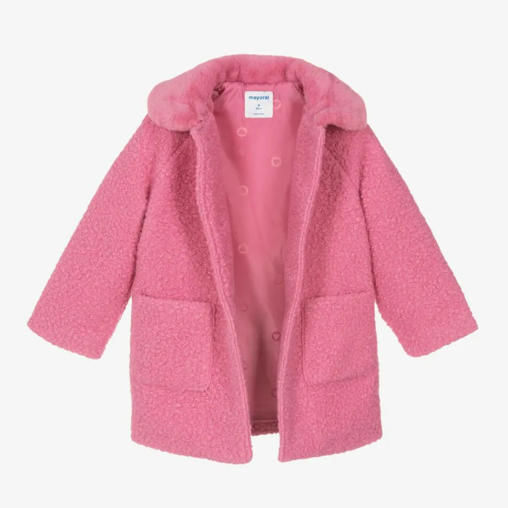 Mayoral Coats & Jackets*Girls Pink Bouclé & Faux Fur Collar Coat