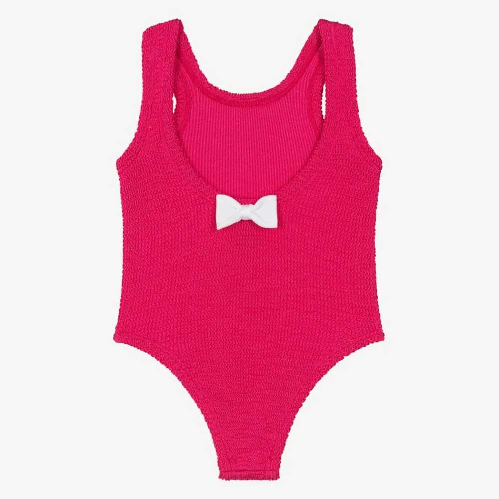 Hunza G Swimwear*Girls Pink Bow Crinkle Swimsuit