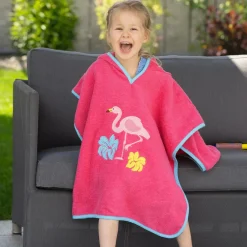 Playshoes Towels & Robes*Girls Pink Cotton Flamingo Poncho Towel