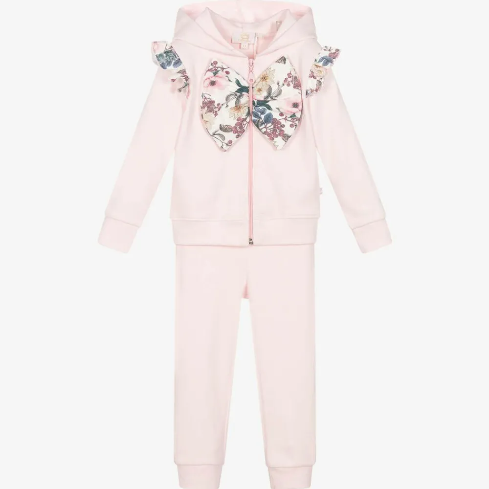 Caramelo Kids Tracksuits*Girls Pink Cotton Floral Bow Tracksuit