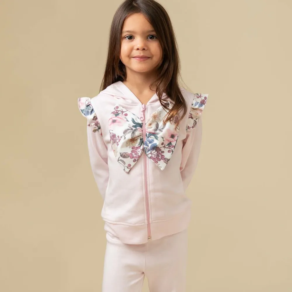 Caramelo Kids Tracksuits*Girls Pink Cotton Floral Bow Tracksuit