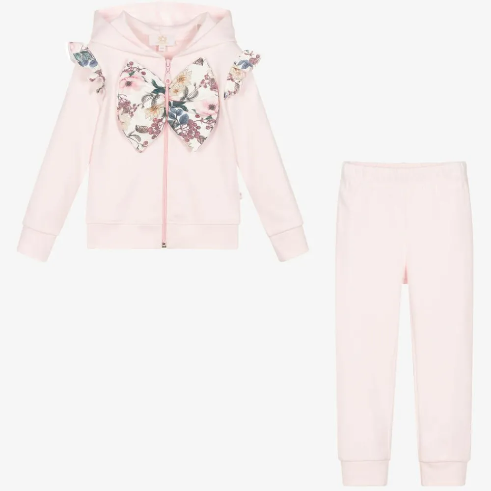 Caramelo Kids Tracksuits*Girls Pink Cotton Floral Bow Tracksuit