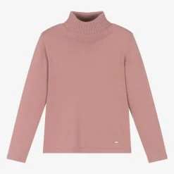 Mayoral Tops*Girls Pink Cotton Knit Roll Neck Sweater