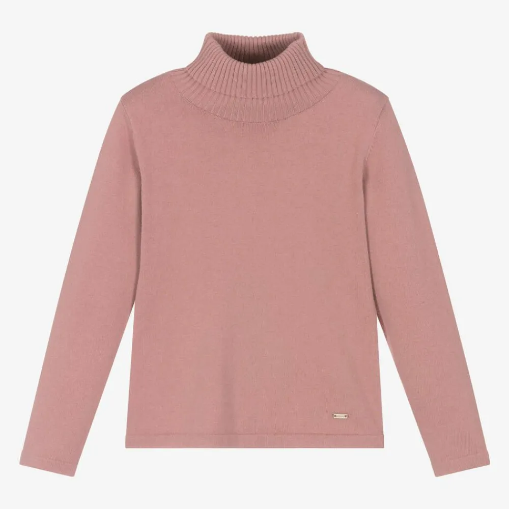 Mayoral Tops*Girls Pink Cotton Knit Roll Neck Sweater