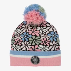 Deux par Deux Hats*Girls Pink Floral Knitted Pom-Pom Hat