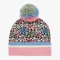 Deux par Deux Hats*Girls Pink Floral Knitted Pom-Pom Hat