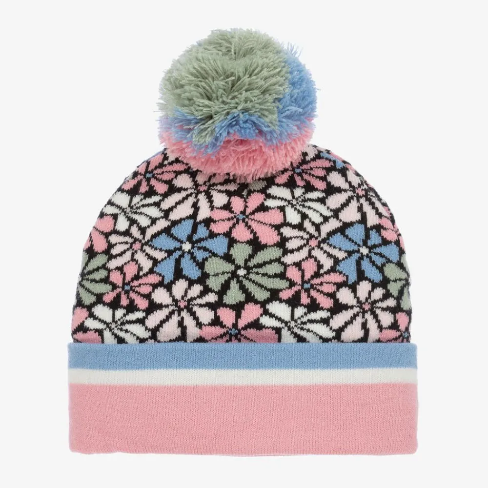Deux par Deux Hats*Girls Pink Floral Knitted Pom-Pom Hat