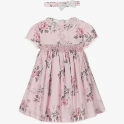 Pretty Originals Dresses*Girls Pink Floral Smocked Dress Set