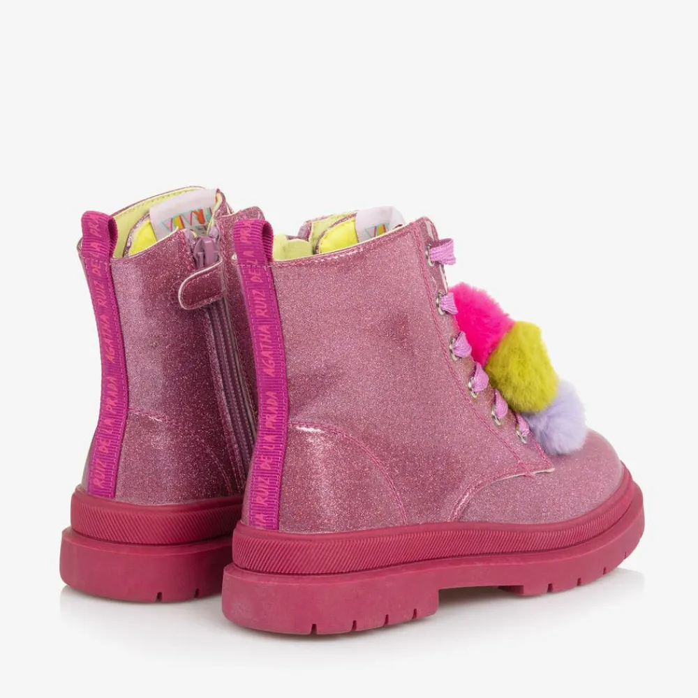 Agatha Ruiz de la Prada Boots|Boots*Girls Pink Glitter Pom-Pom Boots