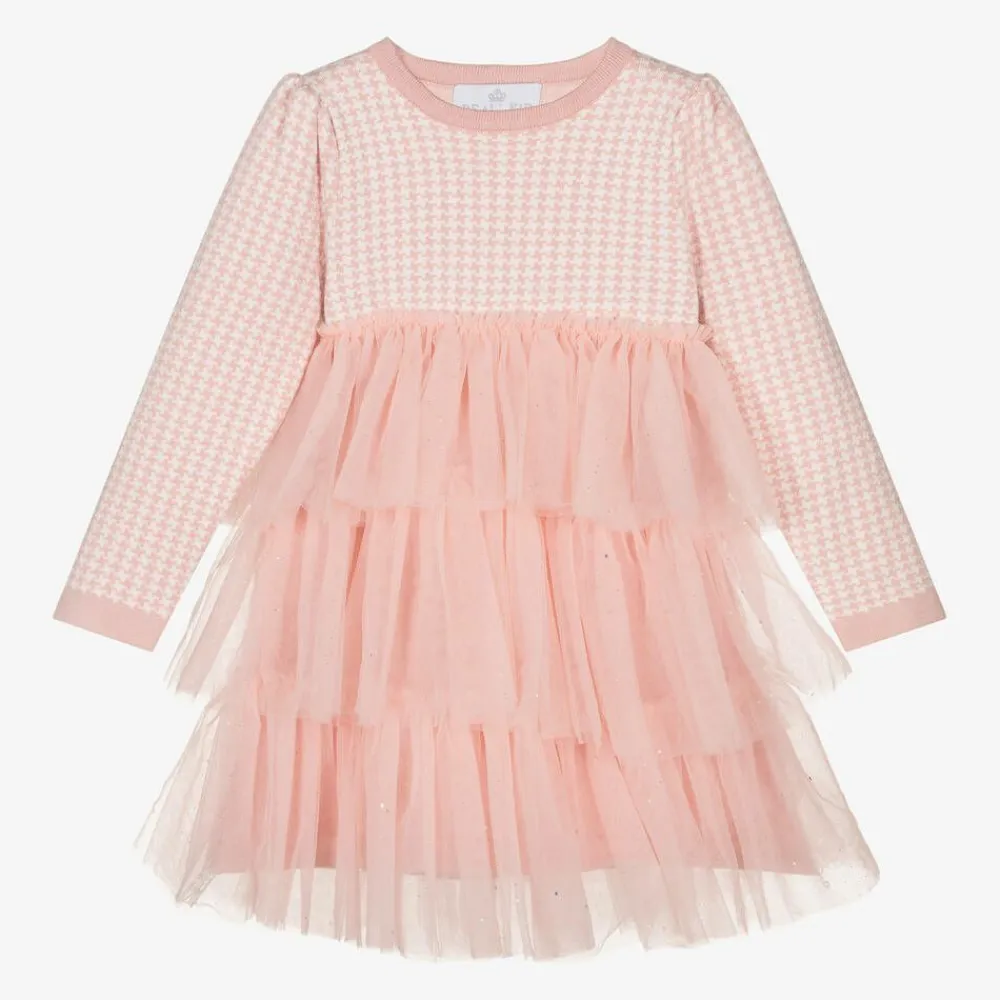 Beau KiD Dresses*Girls Pink Houndstooth Knitted Dress