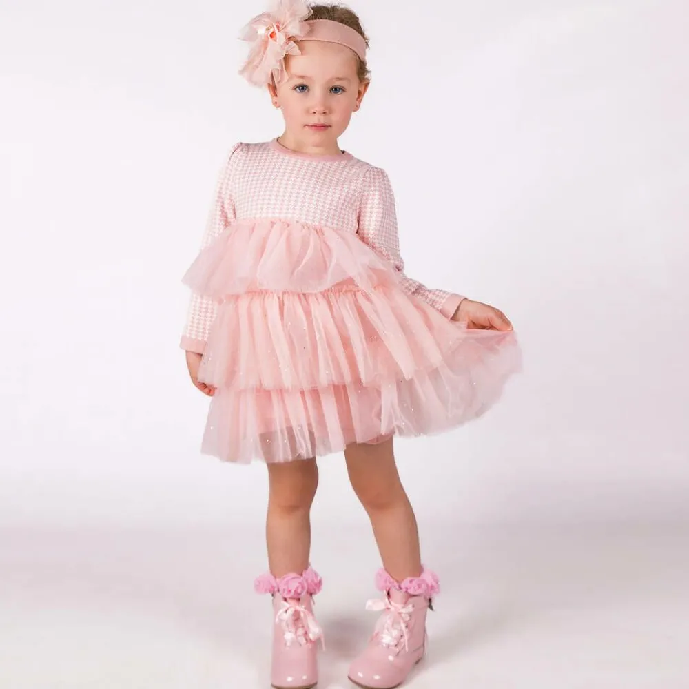 Beau KiD Dresses*Girls Pink Houndstooth Knitted Dress